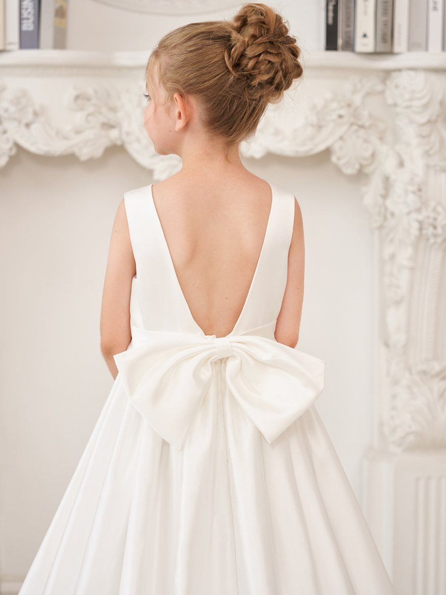 NumberSea - A - Line Princess Sleeveless Satin Flower Girl Dress with Sweep Train and Bow