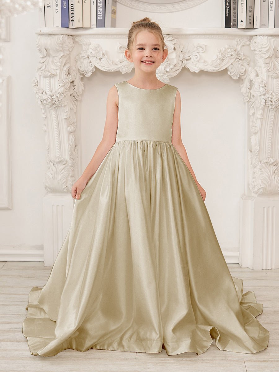 NumberSea - A - Line Princess Sleeveless Satin Flower Girl Dress with Sweep Train and Bow