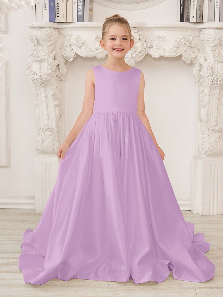 NumberSea - A - Line Princess Sleeveless Satin Flower Girl Dress with Sweep Train and Bow