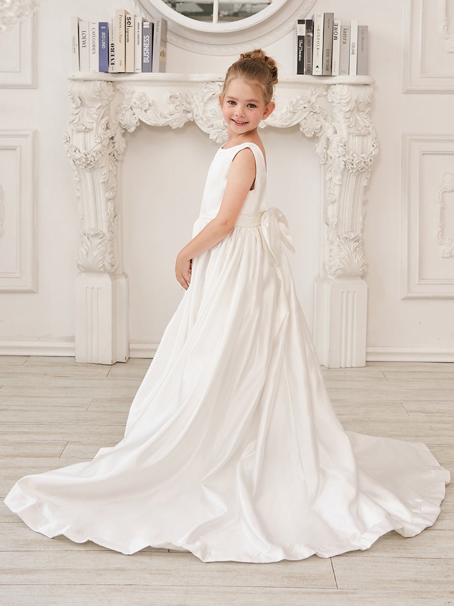 NumberSea - A - Line Princess Sleeveless Satin Flower Girl Dress with Sweep Train and Bow