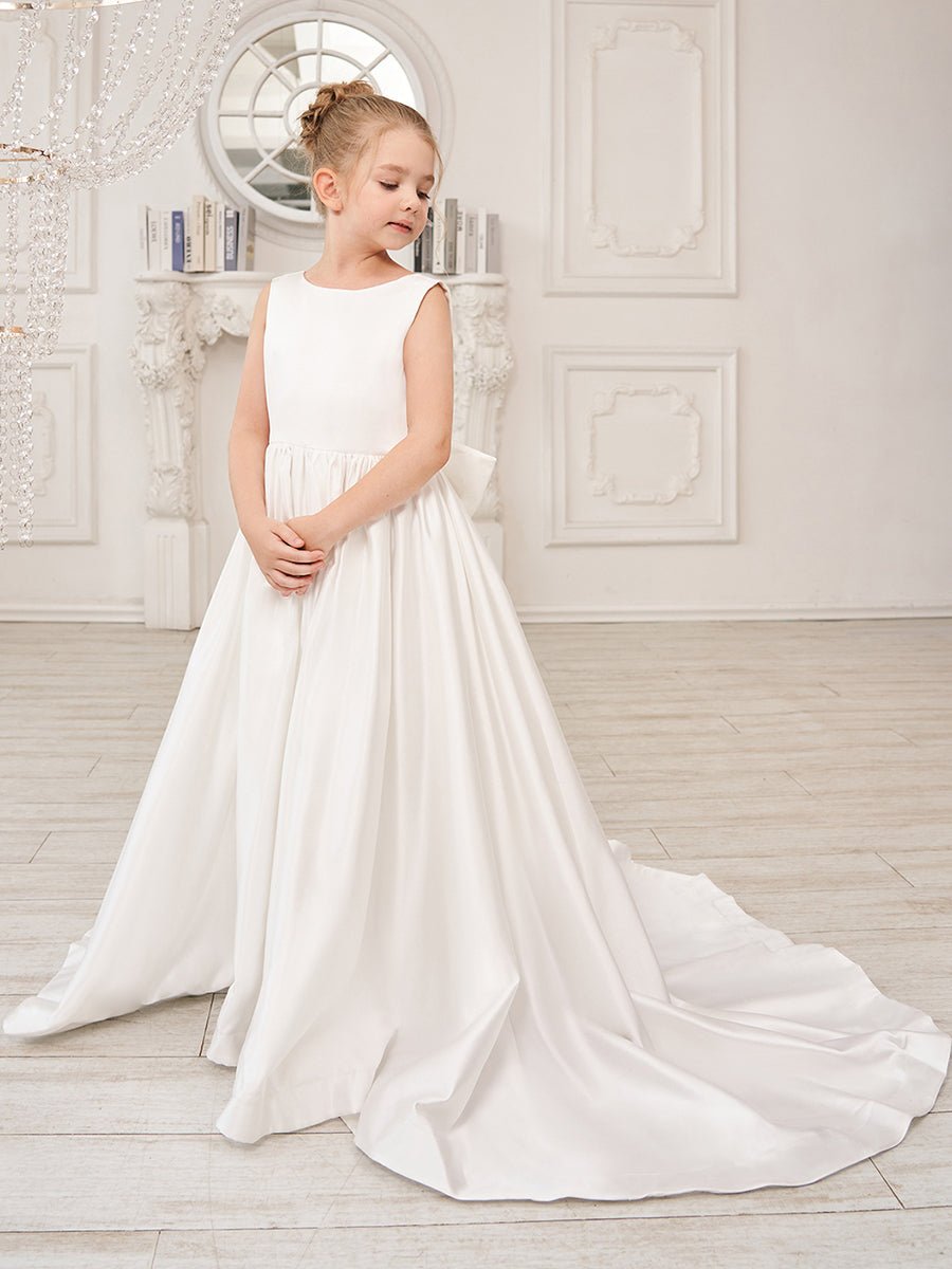 NumberSea - A - Line Princess Sleeveless Satin Flower Girl Dress with Sweep Train and Bow