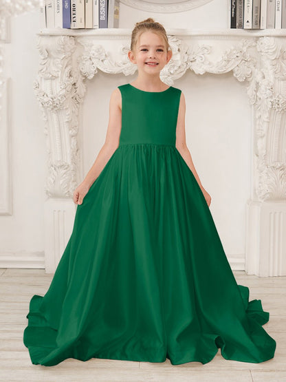 NumberSea - A - Line Princess Sleeveless Satin Flower Girl Dress with Sweep Train and Bow