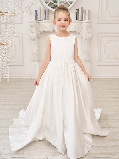 NumberSea - A - Line Princess Sleeveless Satin Flower Girl Dress with Sweep Train and Bow