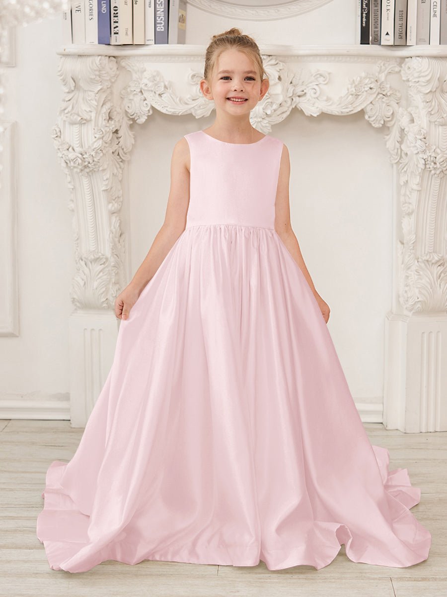 NumberSea - A - Line Princess Sleeveless Satin Flower Girl Dress with Sweep Train and Bow