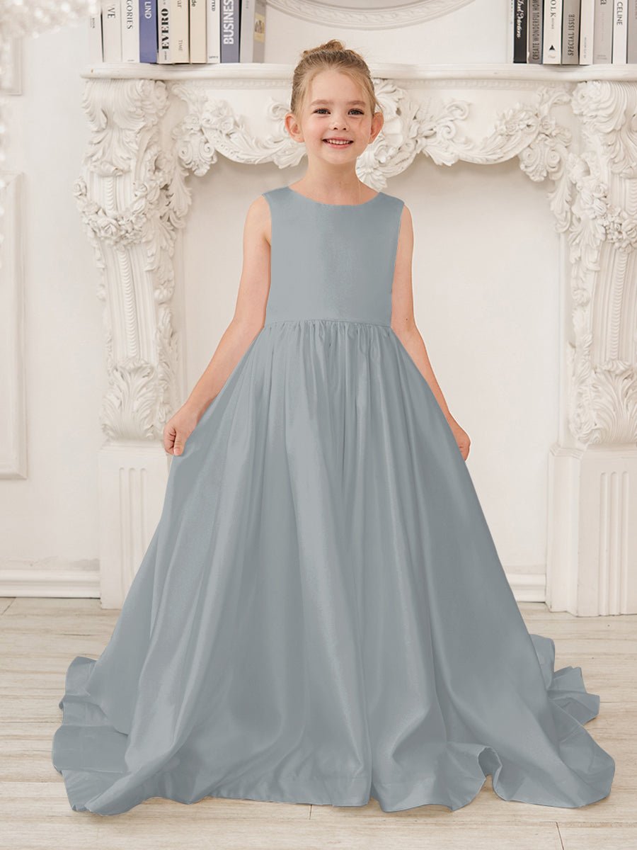 NumberSea - A - Line Princess Sleeveless Satin Flower Girl Dress with Sweep Train and Bow