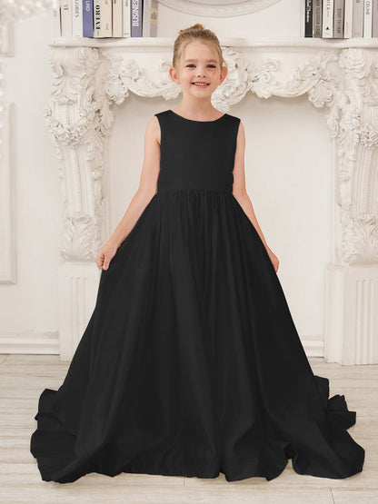 NumberSea - A - Line Princess Sleeveless Satin Flower Girl Dress with Sweep Train and Bow