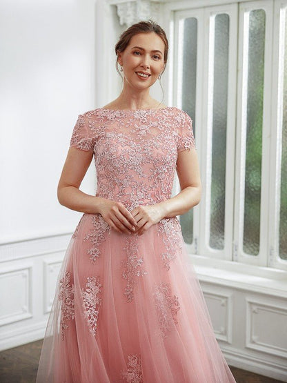 NumberSea - A - Line Princess Tulle Applique Short Sleeves Length Dresses