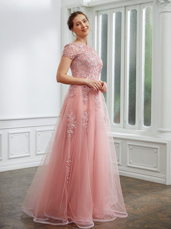 NumberSea - A - Line Princess Tulle Applique Short Sleeves Length Dresses