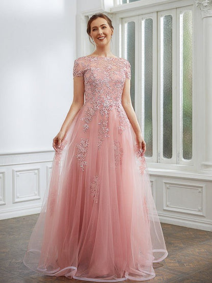 NumberSea - A - Line Princess Tulle Applique Short Sleeves Length Dresses