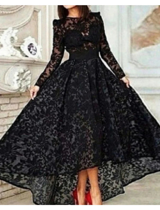 NumberSea - A - Line Prom Black Dress Vintage Dress Halloween Masquerade Asymmetrical Long Sleeve Jewel Neck Wednesday Addams Family Lace with Pleats