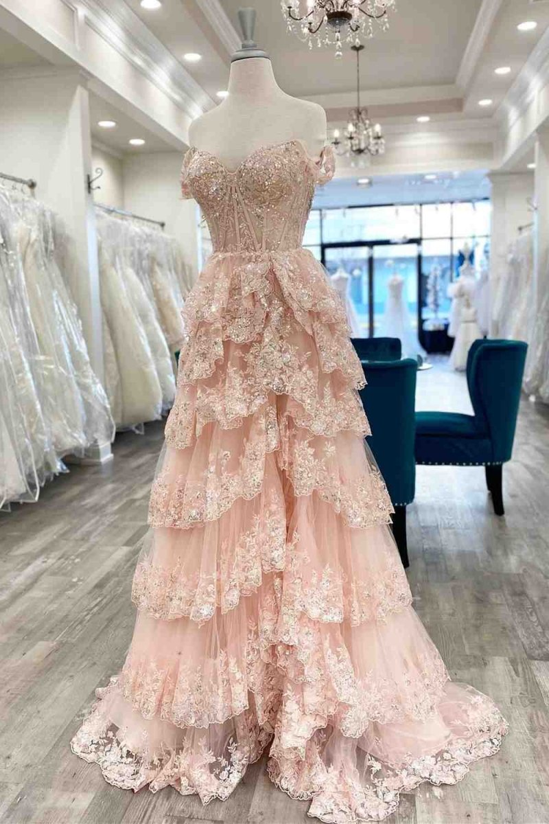 NumberSea - A Line Prom Dress Lace Sweetheart Tiered Long with Slit