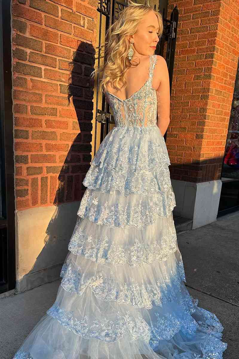 NumberSea - A Line Prom Dress Lace Sweetheart Tiered Long with Slit