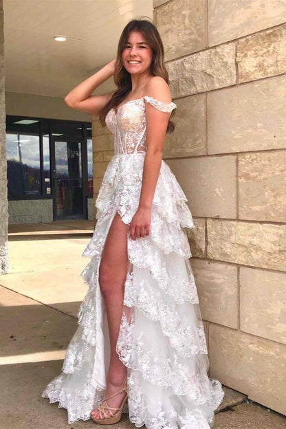 NumberSea - A Line Prom Dress Lace Sweetheart Tiered Long with Slit