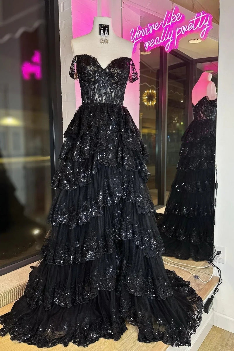 NumberSea - A Line Prom Dress Lace Sweetheart Tiered Long with Slit