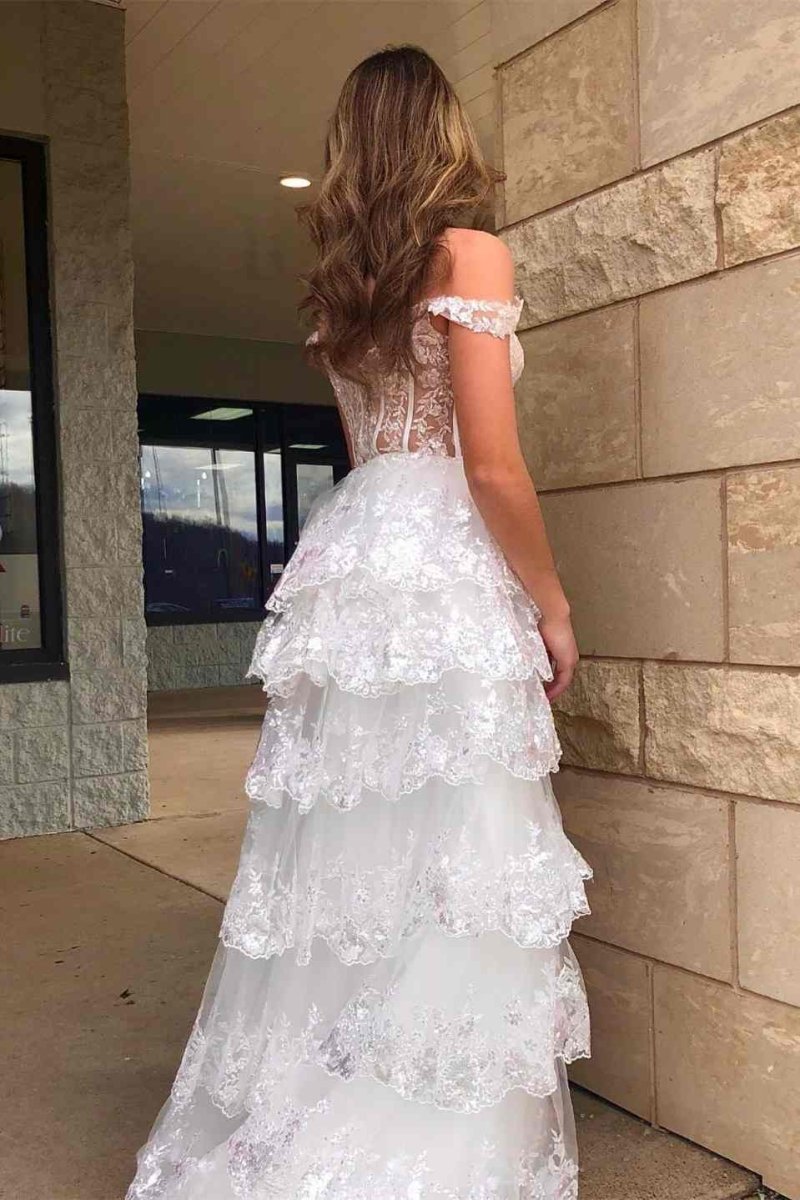 NumberSea - A Line Prom Dress Lace Sweetheart Tiered Long with Slit