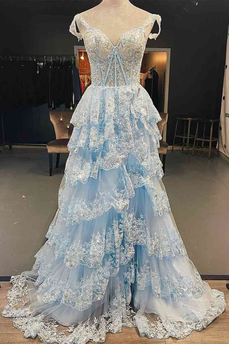 NumberSea - A Line Prom Dress Lace Sweetheart Tiered Long with Slit