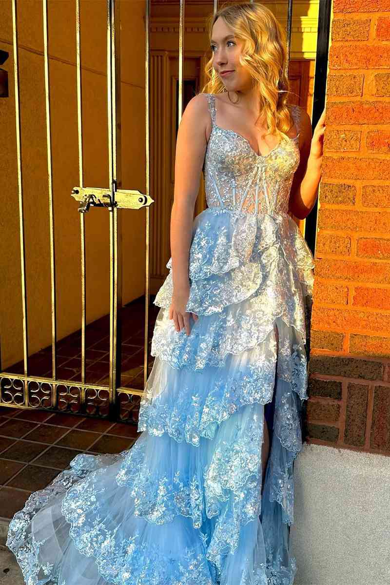 NumberSea - A Line Prom Dress Lace Sweetheart Tiered Long with Slit