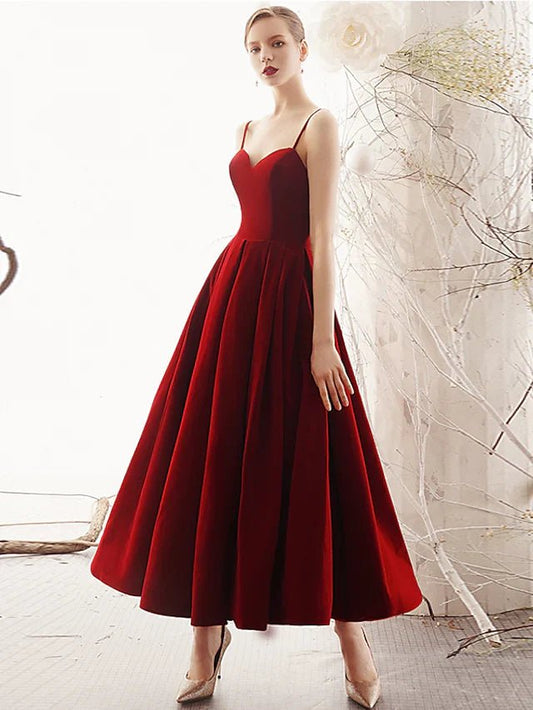 NumberSea - A - Line Prom Dresses Beautiful Back Dress Party Wear Ankle Length Sleeveless Spaghetti Strap Velvet with Sleek Pleats