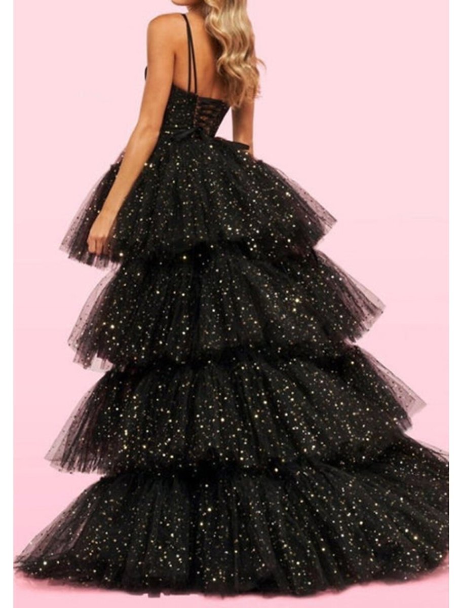 NumberSea - A - Line Prom Dresses Black Dress Dress Birthday Asymmetrical Sleeveless Spaghetti Strap Tulle with Ruched Sequin