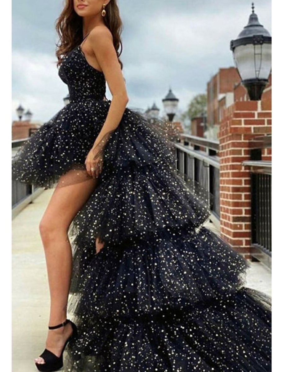 NumberSea - A - Line Prom Dresses Black Dress Dress Birthday Asymmetrical Sleeveless Spaghetti Strap Tulle with Ruched Sequin