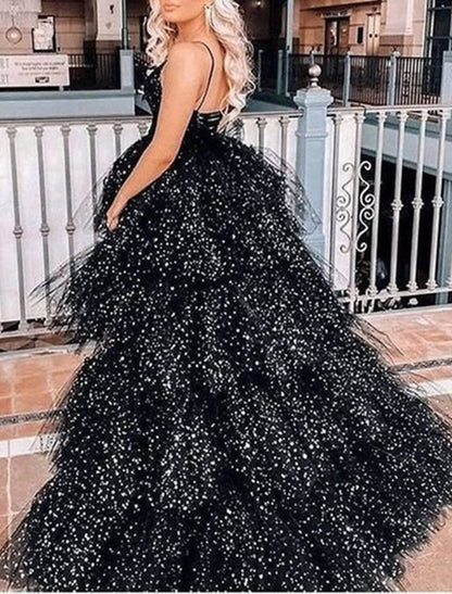 NumberSea - A - Line Prom Dresses Black Dress Dress Birthday Asymmetrical Sleeveless Spaghetti Strap Tulle with Ruched Sequin