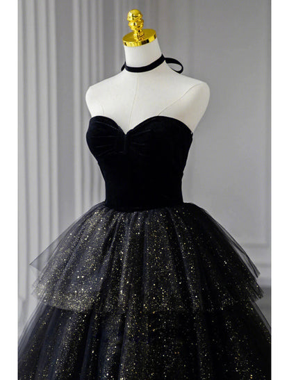 NumberSea - A - Line Prom Dresses Black Dress Dress Formal Birthday Floor Length Sleeveless Strapless Tulle with Ruched Sequin