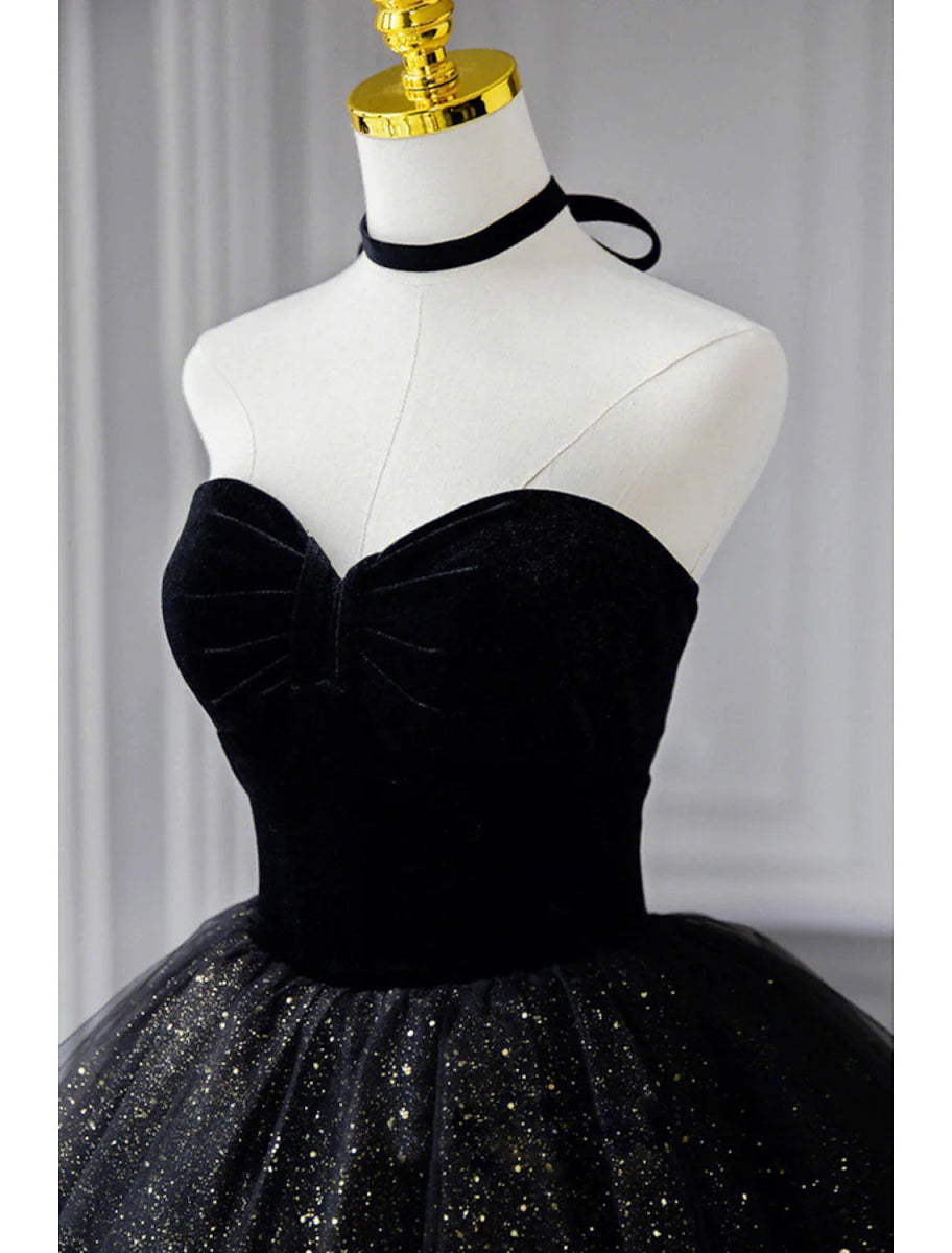 NumberSea - A - Line Prom Dresses Black Dress Dress Formal Birthday Floor Length Sleeveless Strapless Tulle with Ruched Sequin