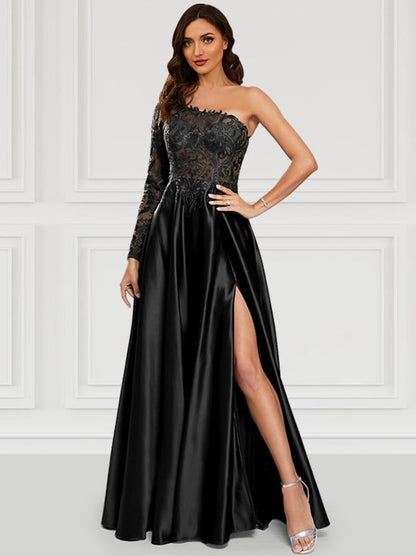 NumberSea - A - Line Prom Dresses Black Dress Party Wear Floor Length Long Sleeve One Shoulder Satin with Slit