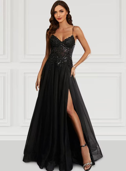 NumberSea - A - Line Prom Dresses Black Dress Party Wear Floor Length Sleeveless Spaghetti Strap Tulle with Glitter Slit