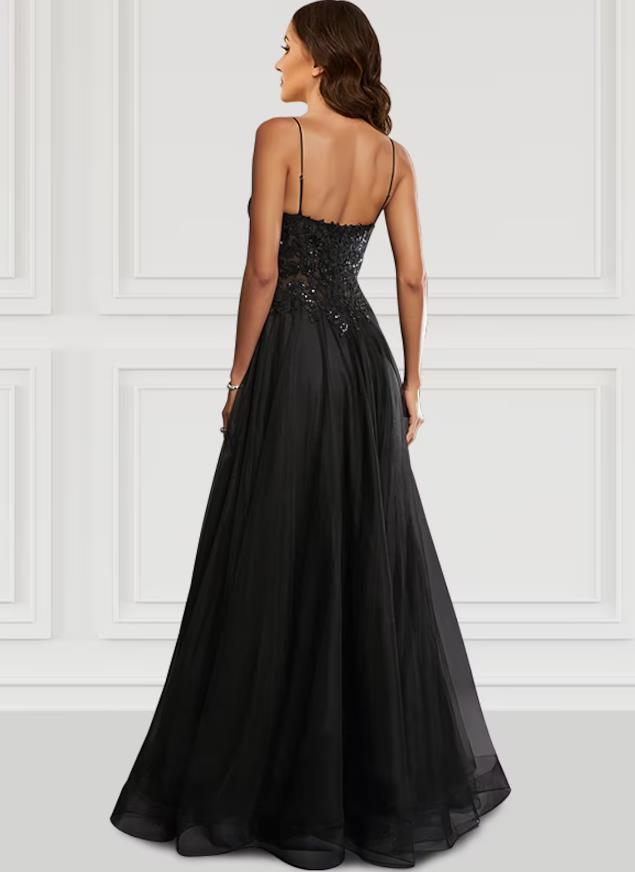 NumberSea - A - Line Prom Dresses Black Dress Party Wear Floor Length Sleeveless Spaghetti Strap Tulle with Glitter Slit