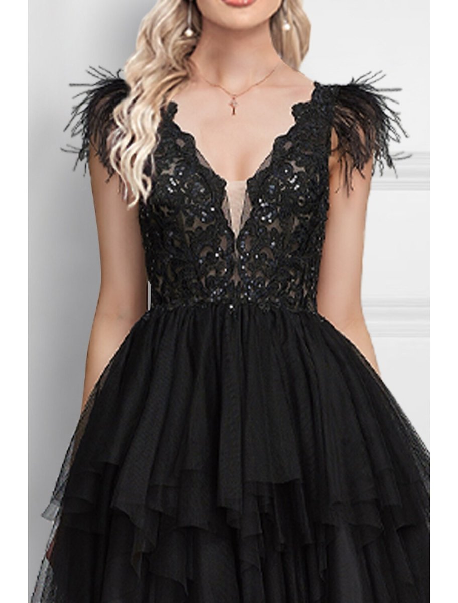 NumberSea - A - Line Prom Dresses Black Dress Wedding Party Floor Length Sleeveless V Neck Tulle with Feather Appliques