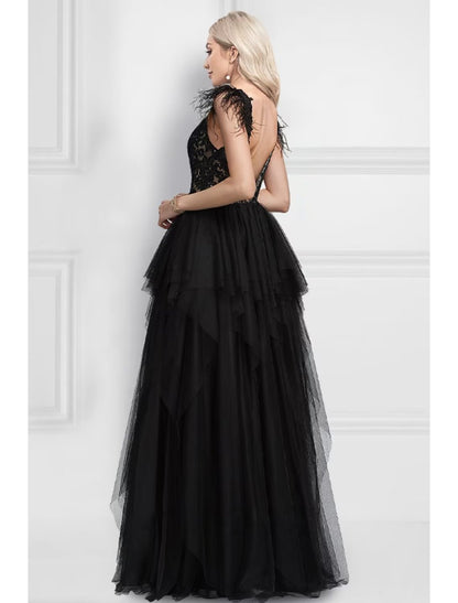 NumberSea - A - Line Prom Dresses Black Dress Wedding Party Floor Length Sleeveless V Neck Tulle with Feather Appliques