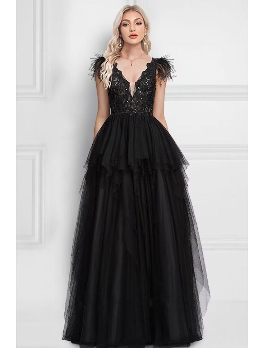 NumberSea - A - Line Prom Dresses Black Dress Wedding Party Floor Length Sleeveless V Neck Tulle with Feather Appliques