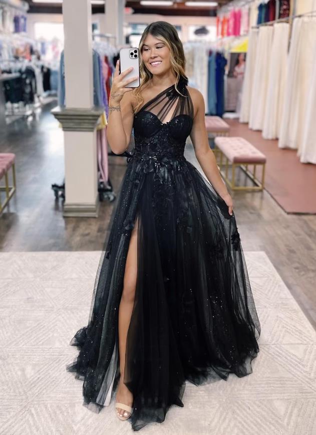 NumberSea - A - Line Prom Dresses Color Block Dress Formal Sweep / Brush Train Sleeveless One Shoulder Tulle Backless with Pleats Appliques