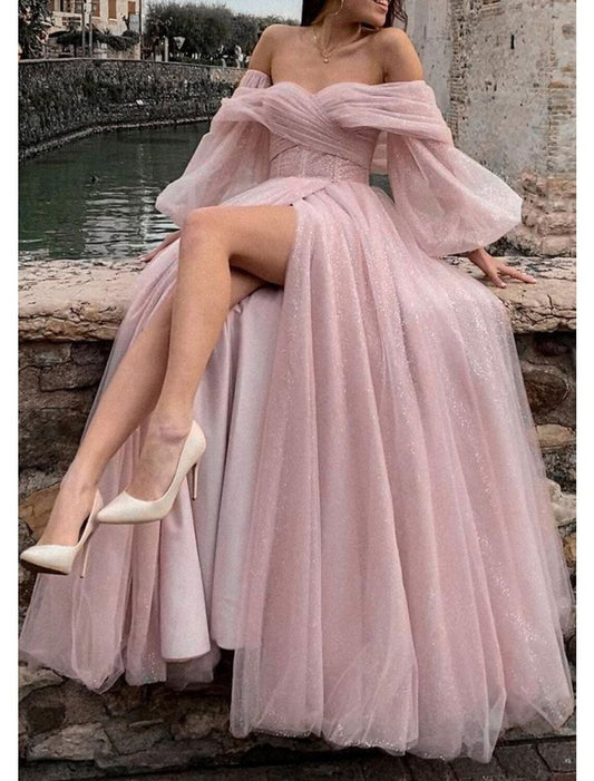 NumberSea - A - Line Prom Dresses Corsets Dress Formal Wedding Party Dress Floor Length Long Sleeve Off Shoulder Tulle with Glitter Ruched Slit