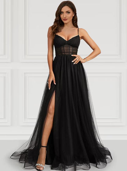 NumberSea - A - Line Prom Dresses Corsets Dress Party Wear Court Train Sleeveless Spaghetti Strap Tulle with Slit