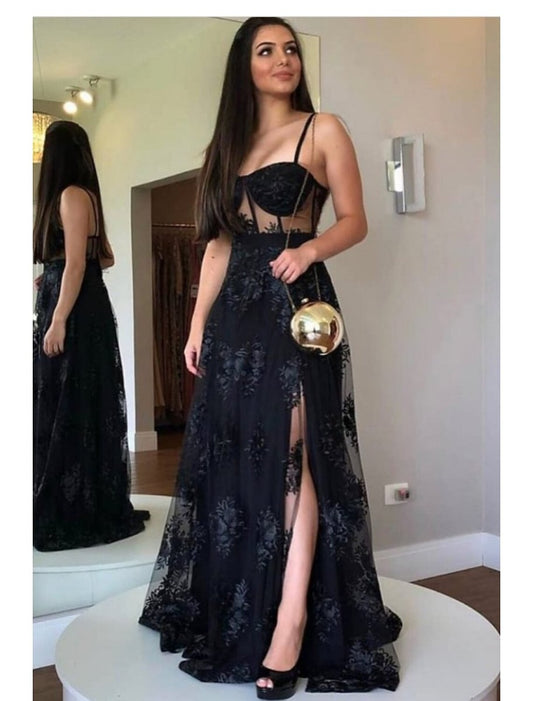 NumberSea - A - Line Prom Dresses Cut Out Dress Party Wear Wedding Party Floor Length Sleeveless Sweetheart Wednesday Addams Family Lace Backless with Slit Appliques