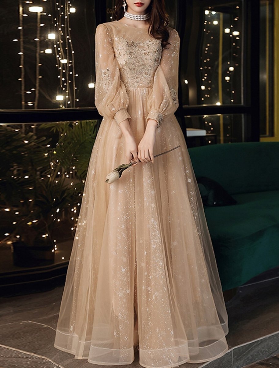 NumberSea - A - Line Prom Dresses Cute Dress Wedding Guest Party Wear Floor Length Long Sleeve Jewel Neck Tulle with Sequin Appliques