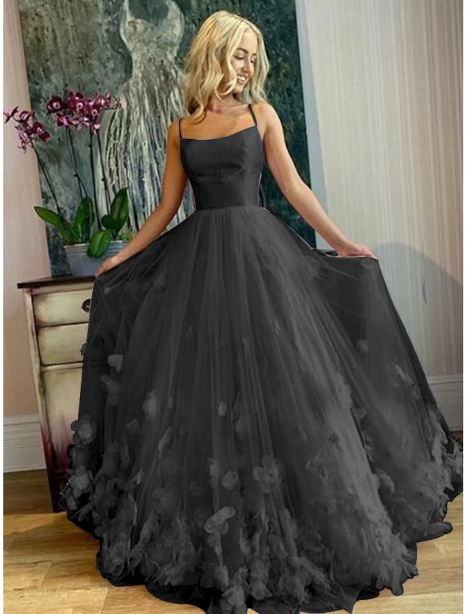 NumberSea - A - Line Prom Dresses Elegant Dress Engagement Floor Length Sleeveless Spaghetti Strap Tulle with Pleats Appliques