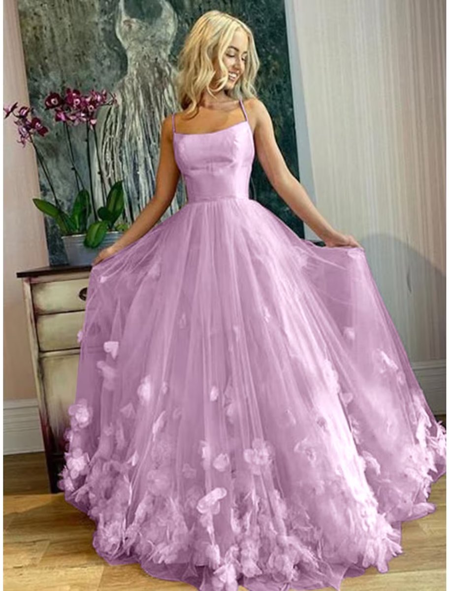 NumberSea - A - Line Prom Dresses Elegant Dress Engagement Floor Length Sleeveless Spaghetti Strap Tulle with Pleats Appliques