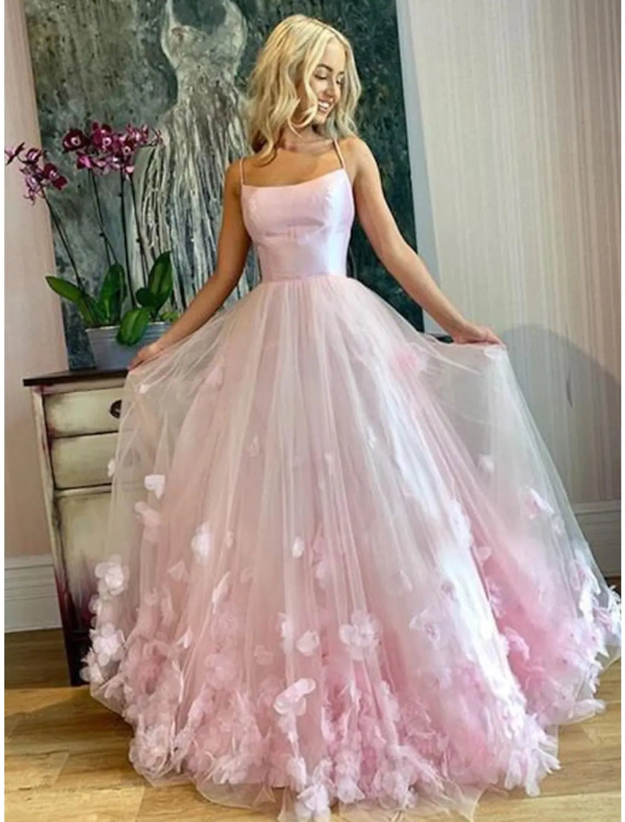 NumberSea - A - Line Prom Dresses Elegant Dress Engagement Floor Length Sleeveless Spaghetti Strap Tulle with Pleats Appliques