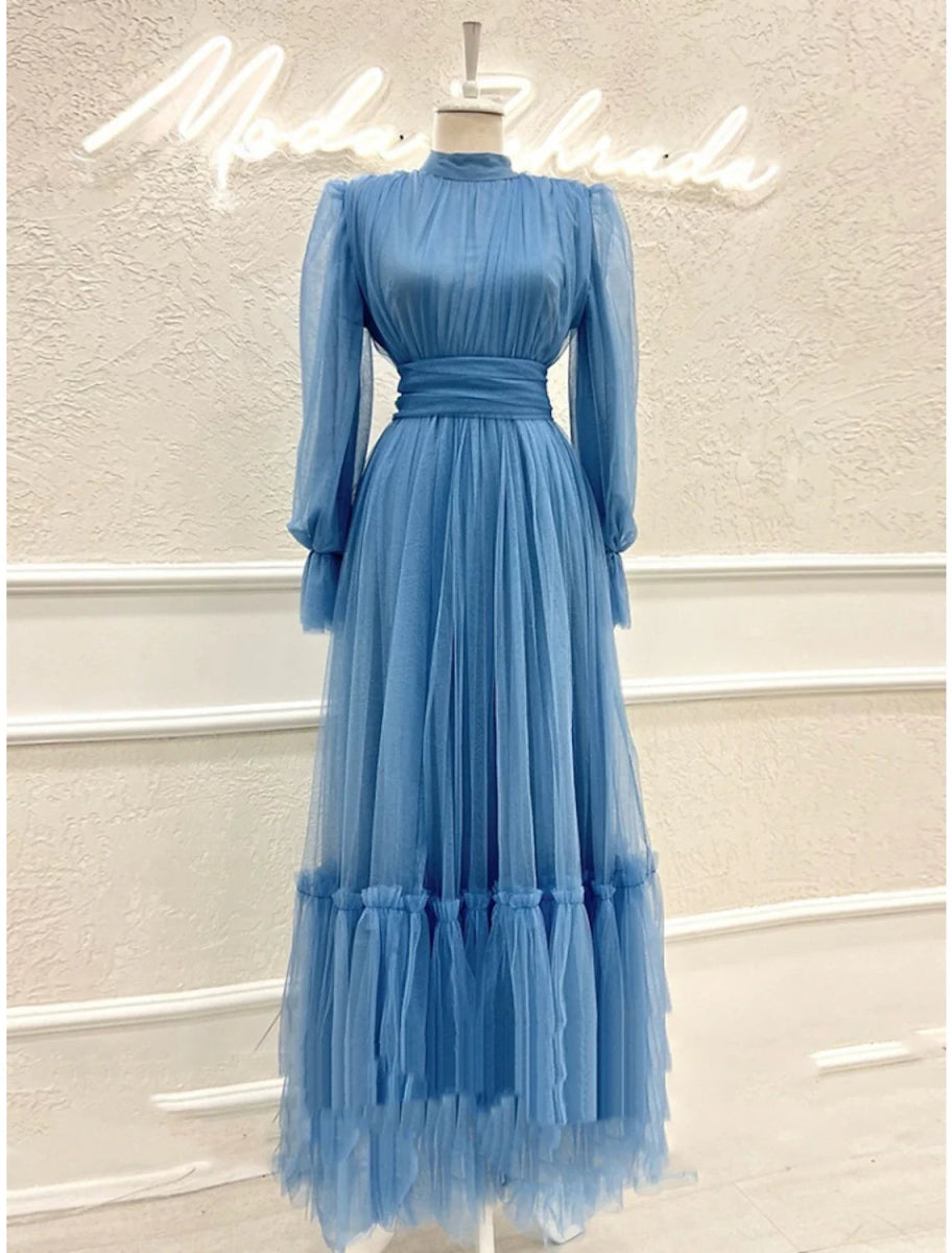 NumberSea - A - Line Prom Dresses Elegant Dress Formal Ankle Length Long Sleeve High Neck Tulle with Pleats Ruched