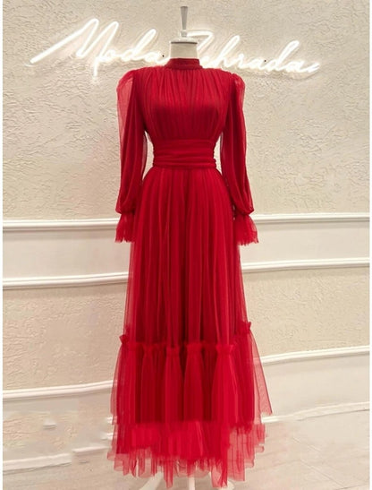 NumberSea - A - Line Prom Dresses Elegant Dress Formal Ankle Length Long Sleeve High Neck Tulle with Pleats Ruched