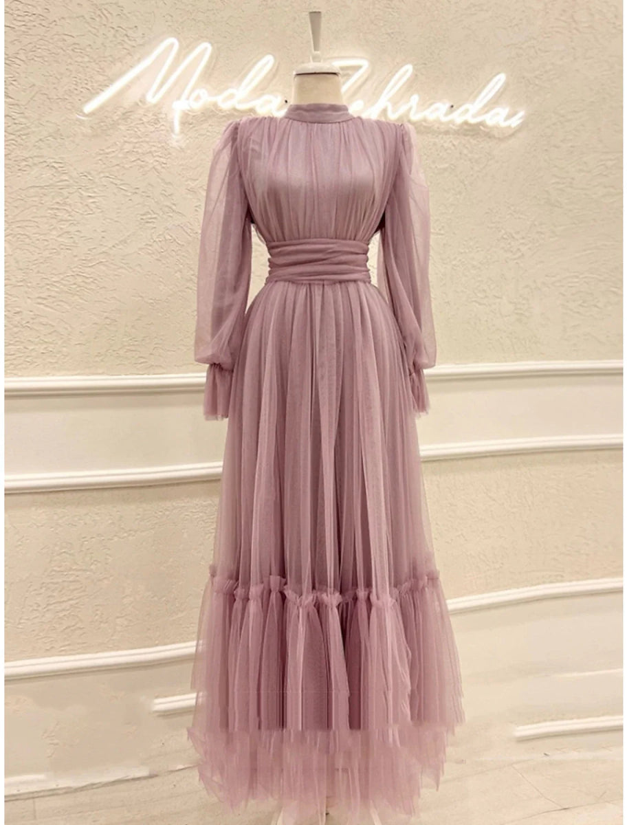 NumberSea - A - Line Prom Dresses Elegant Dress Formal Ankle Length Long Sleeve High Neck Tulle with Pleats Ruched