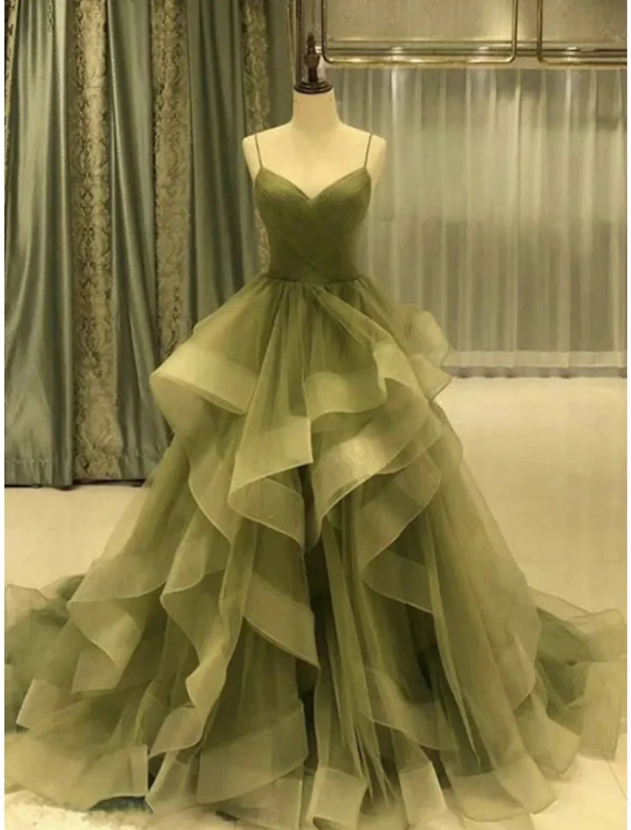 NumberSea - A - Line Prom Dresses Elegant Dress Formal Court Train Christmas Red Green Dress Sleeveless Spaghetti Strap Tulle with Pleats Ruffles