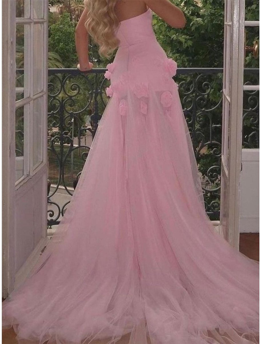 NumberSea - A - Line Prom Dresses Elegant Dress Formal Court Train Sleeveless Strapless Tulle with Slit Appliques