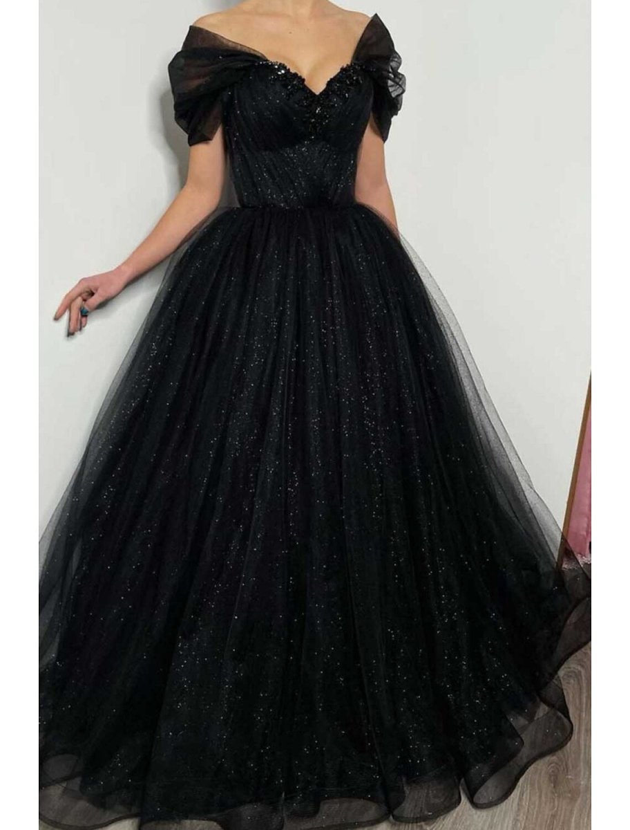 NumberSea - A - Line Prom Dresses Elegant Dress Formal Floor Length Black Dress Short Sleeve Off Shoulder Tulle with Pleats Beading Sequin