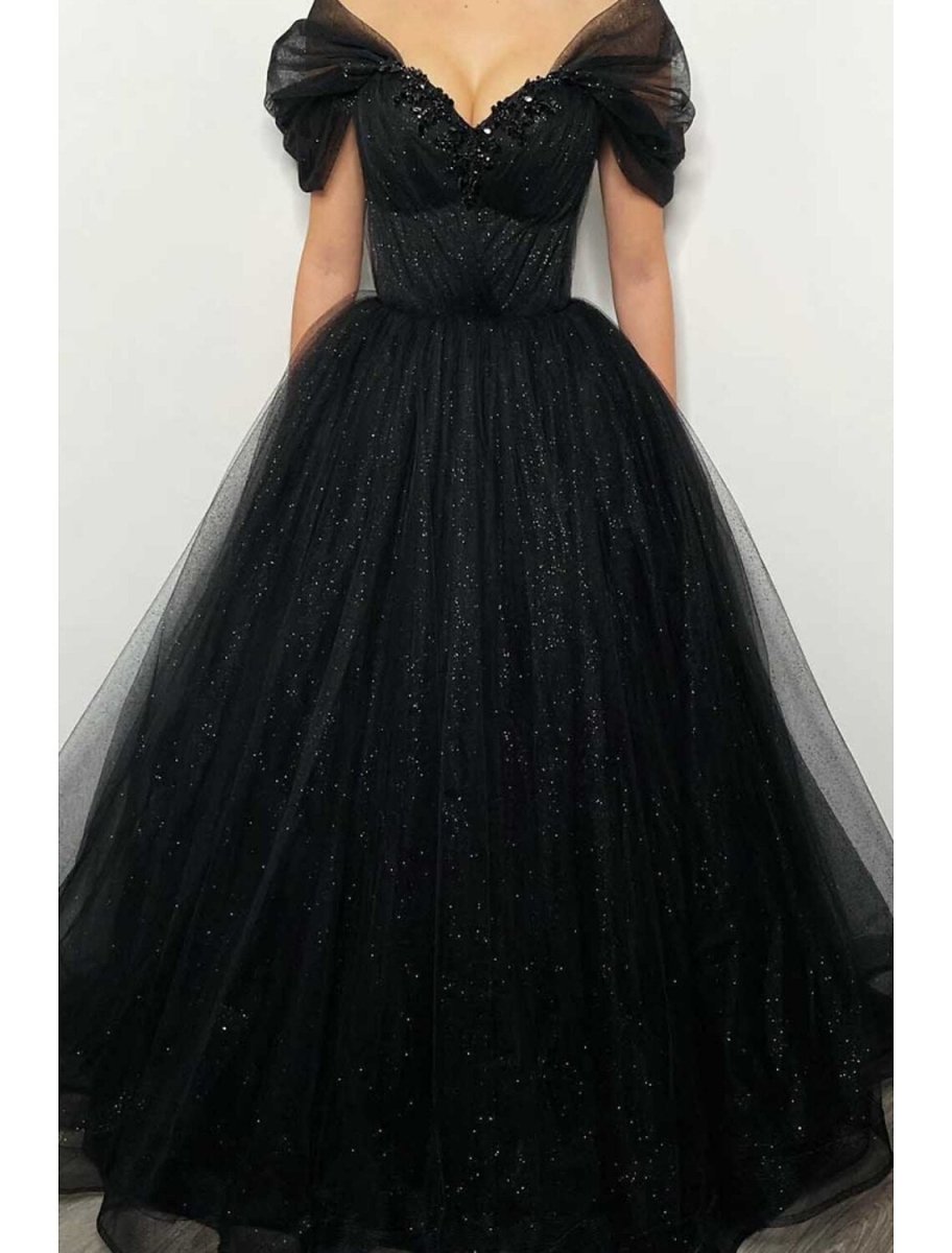 NumberSea - A - Line Prom Dresses Elegant Dress Formal Floor Length Black Dress Short Sleeve Off Shoulder Tulle with Pleats Beading Sequin