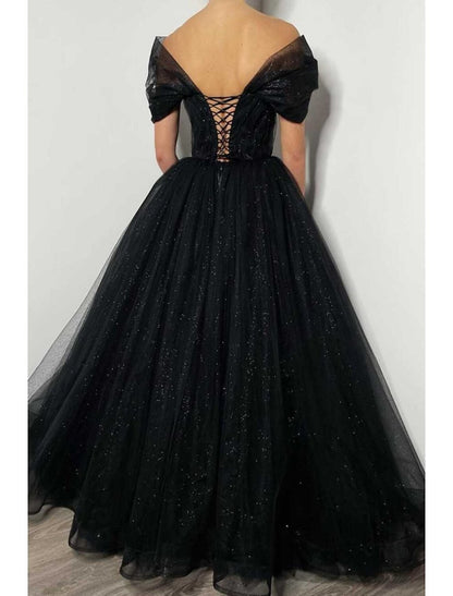 NumberSea - A - Line Prom Dresses Elegant Dress Formal Floor Length Black Dress Short Sleeve Off Shoulder Tulle with Pleats Beading Sequin