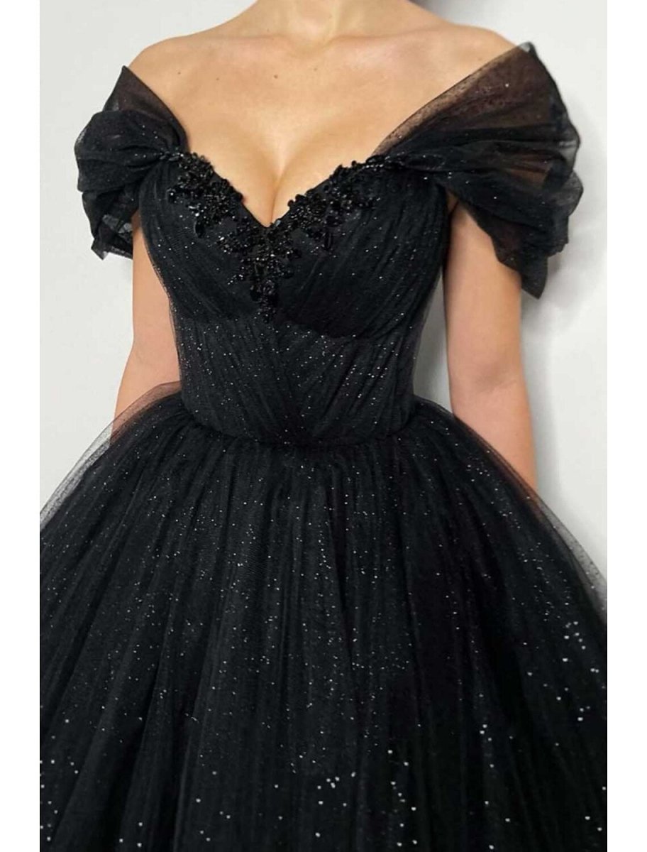 NumberSea - A - Line Prom Dresses Elegant Dress Formal Floor Length Black Dress Short Sleeve Off Shoulder Tulle with Pleats Beading Sequin